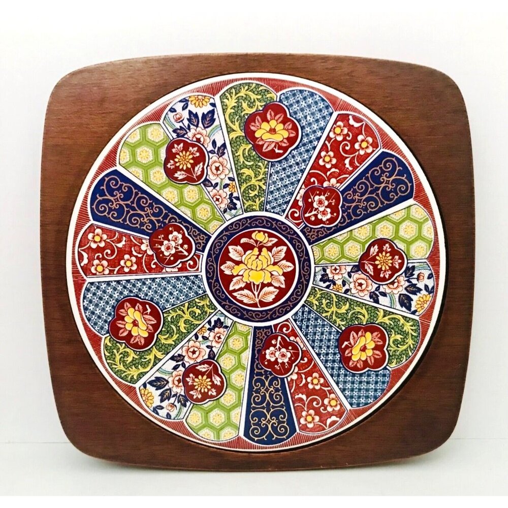 Vtg Imari Japan Ceramic Tile Trivet Wood Framed Footed Lotus Blue Red Patchwork
